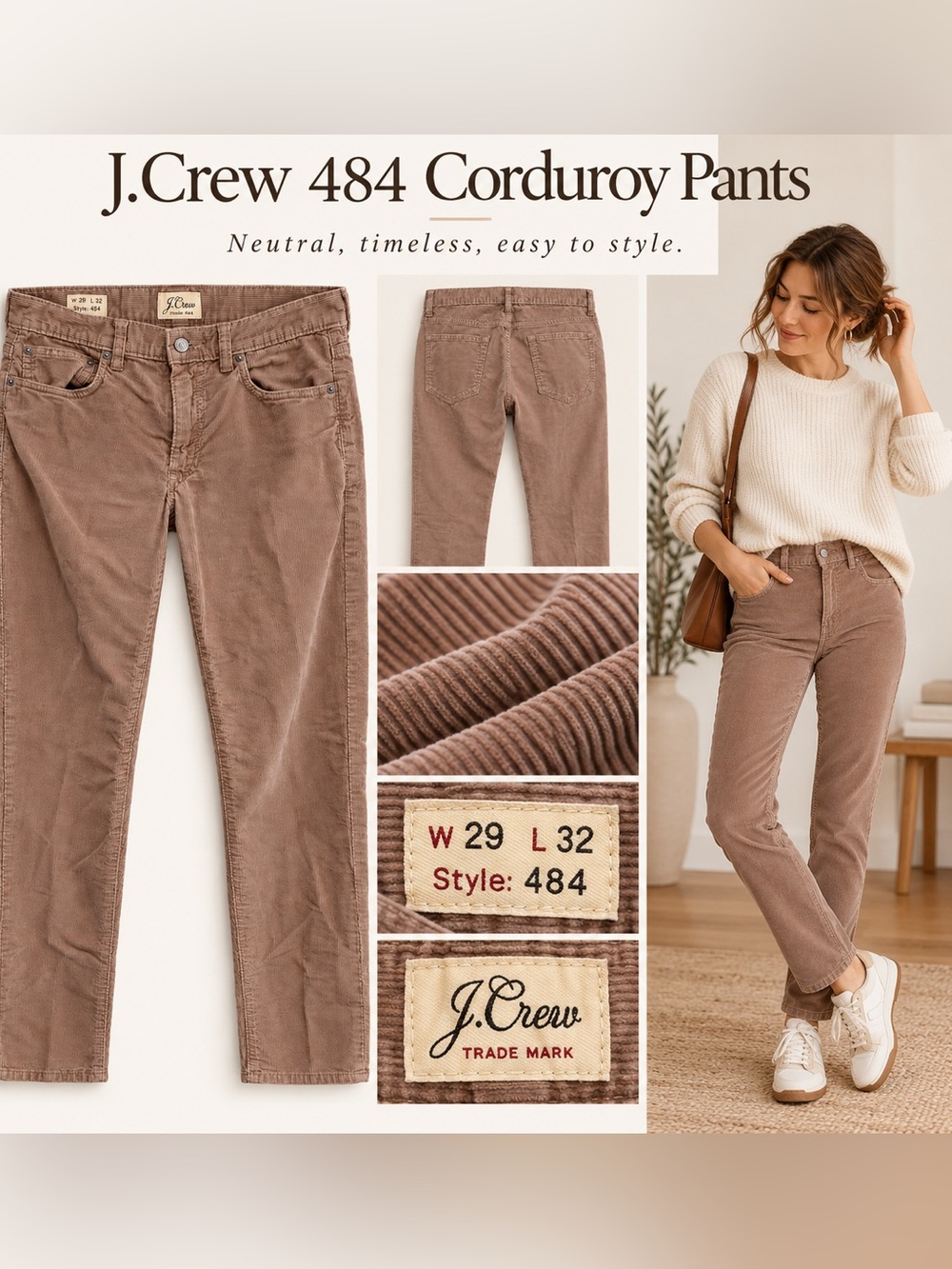 J.Crew Taupe Corduroy Pants W29 L32 | Quiet Luxury 90s Minimalist Straight Leg